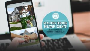 Person holding phone with Realtors Serving Military Clients logo overlaid on it